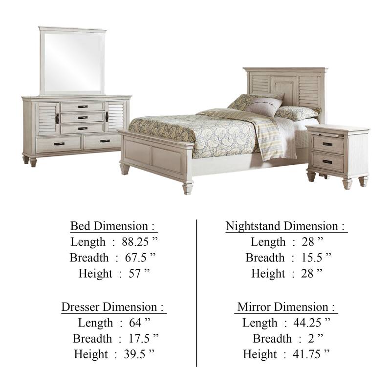 Eli 4 Piece Queen Bedroom Set, Rustic White Wood, Dresser Mirror