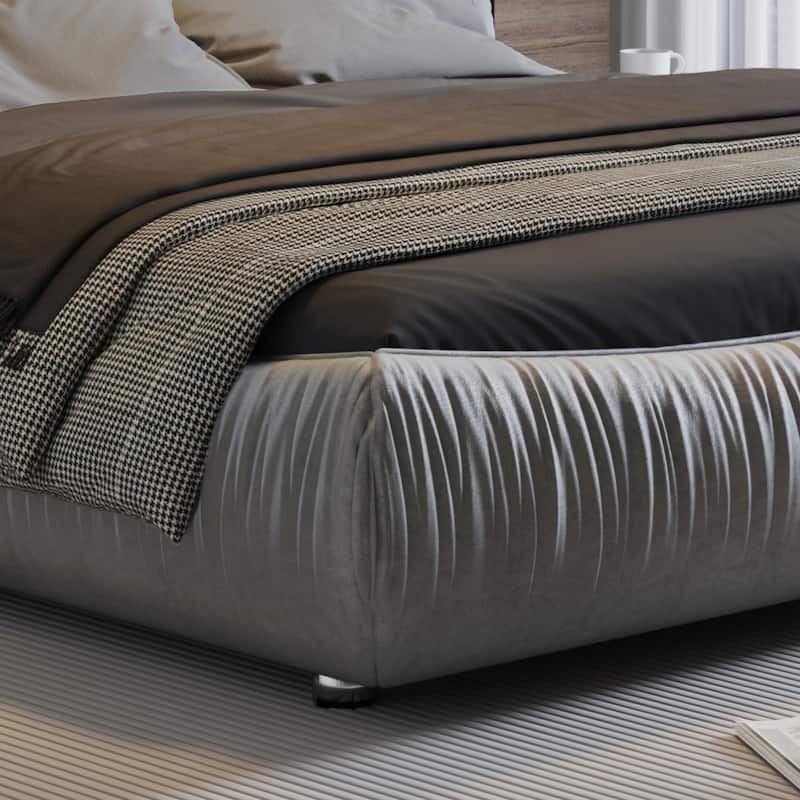 King Size Upholstered Bed Frame with Extra-Wide Cushioned Headboard, Solid Pine Slats & Adjustable Mattress Height