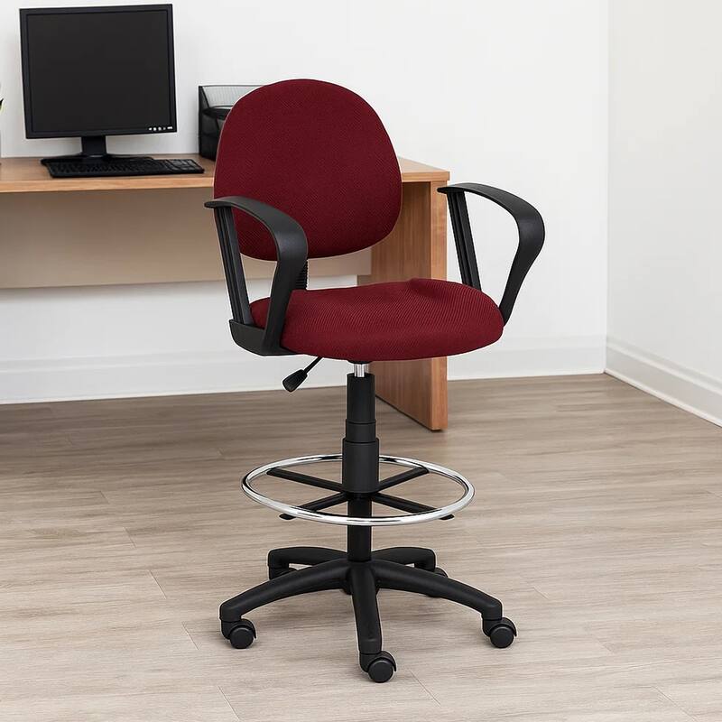 Jea Drafting Stool Chair, Loop Arms, Burgundy Red Tweed, Round Footring