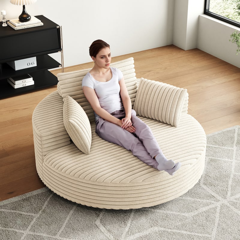Fluffy Sleeper Sofa Chair 360° Swivel Chair Sofa Single Chaise Lounge Corduroy Foam Sofa Chair with Neck Support and Pillows