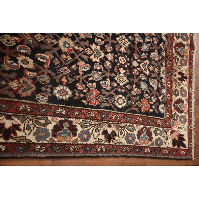 Hand Knotted Oriental 100% Wool Carpet Traditional Geometric Black Malayer Runner Rug - 10' 3'' X 3' 4''