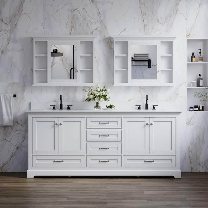 80''W Solid Wood Frame Bathroom Vanity With Pure White Culutered Marble Countertop And Double Sink