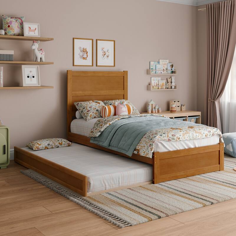 Aveline Wood Platform Bed with Matching Footboard & Trundle - Light Toffee - Twin