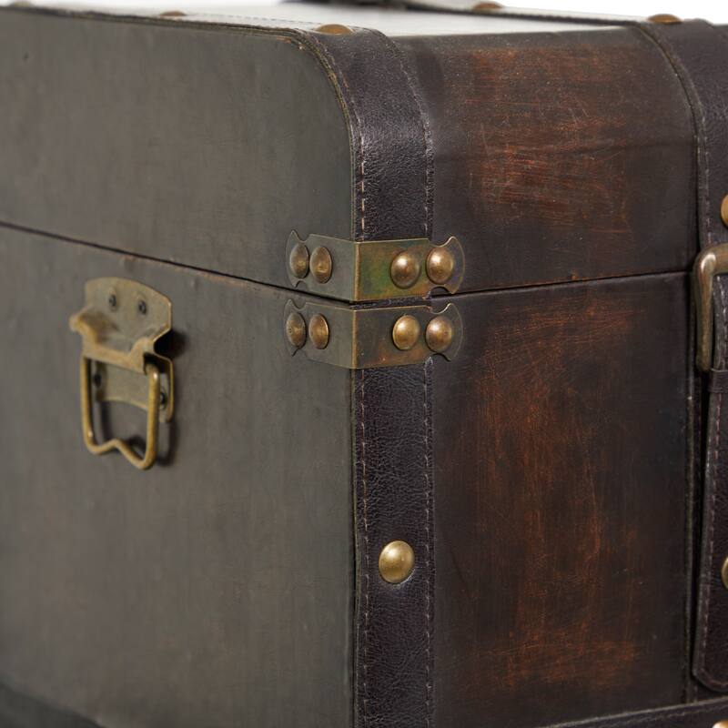 Brown Wooden Nesting Upholstered Decorative Trunk with Vintage Accents and Studs (Set of 3)