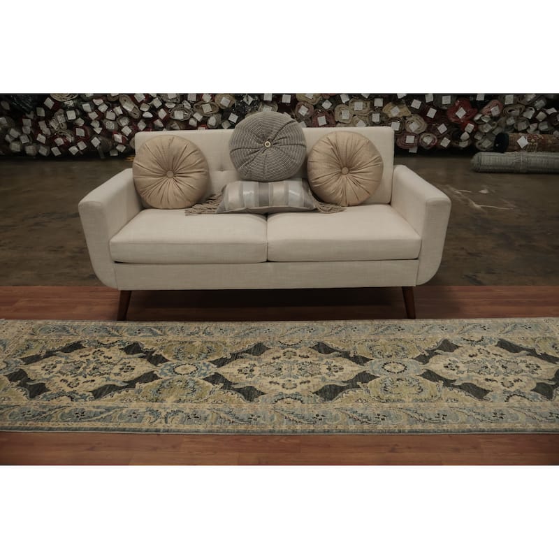 Hand Knotted Oriental 100% Wool Carpet Transitional Floral Greys & Charcoal Oushak Runner Rug - 9' 5'' X 2' 6''