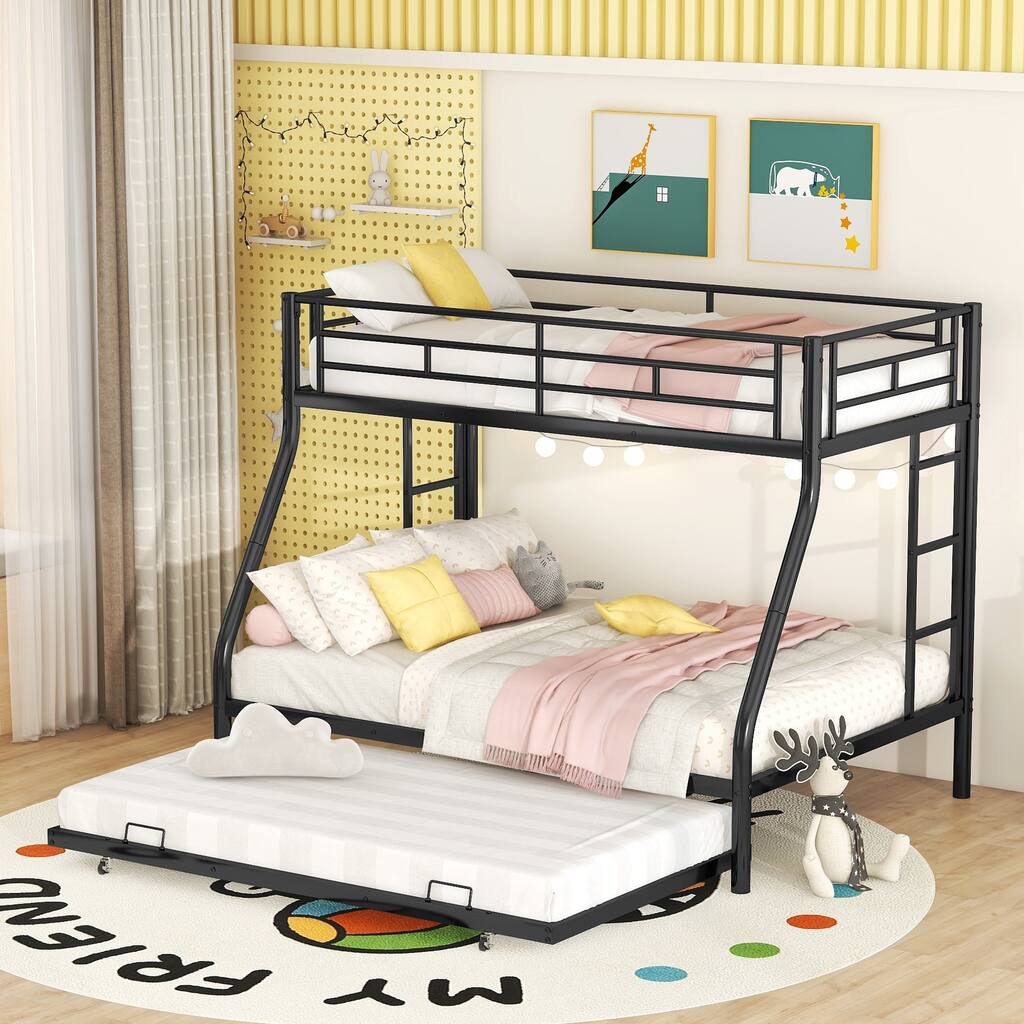 Twin Over Full Bed with Sturdy Steel Frame, Bunk Bed with Twin Size Trundle, Two-Side Ladders, with Safety Barriers