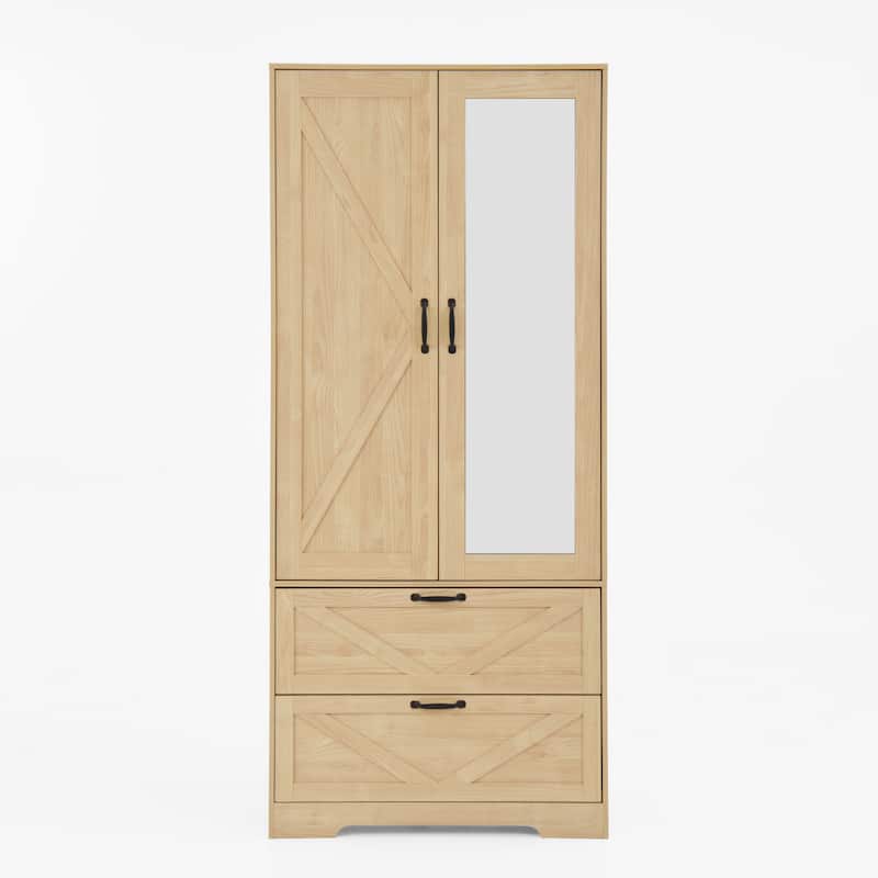 2-Door Wood Wardrobe for Bedroom with Hanging Rod, 2 Drawers, Built-in Induction Light & Mirror