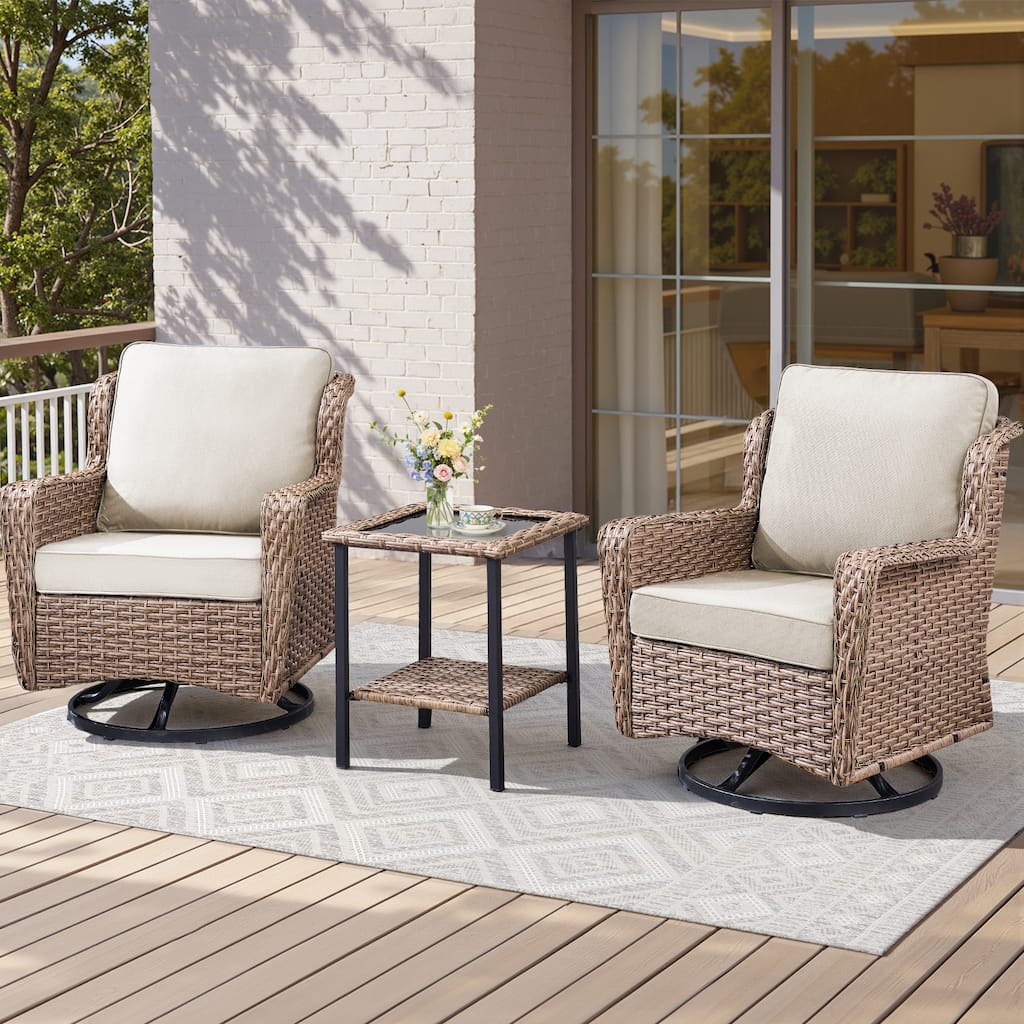 GDFStudio - 3-Piece Outdoor Wicker 2-Person Glider Chair Set with Side Table & Foam Cushions