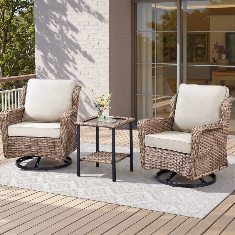 Pocassy Outdoor Wicker Chairs Ottoman with Side Table Funiture Set. - Brown Wicker Beige Cushion - 5-Piece Patio Chair Ottoman with Side Table