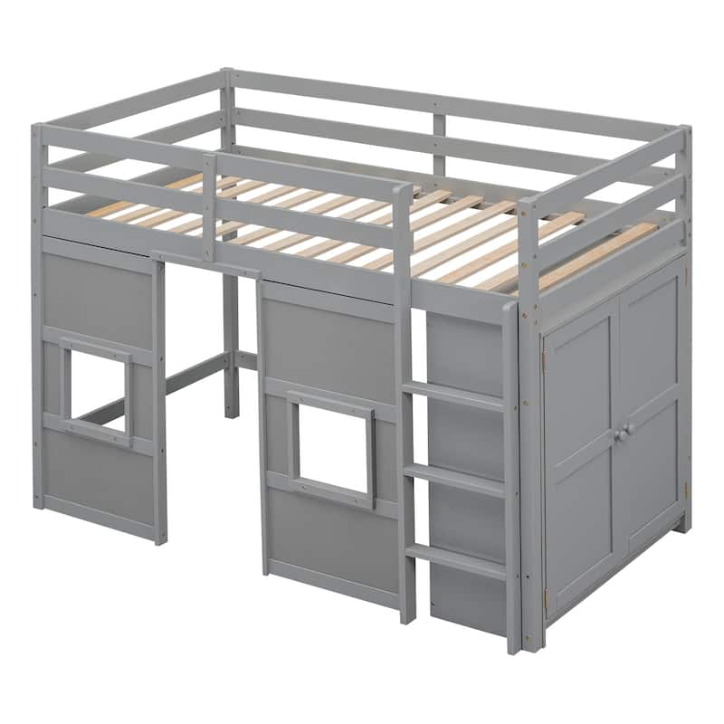Wood Twin Size Loft Bed with Built-in Storage Wardrobe and 2 Windows w/Full-Length Guardrails, No Boxing Spring Needed