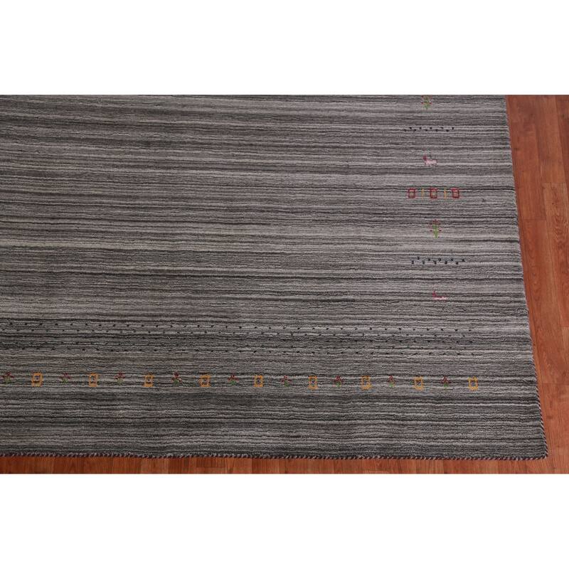 Hand Knotted Oriental 100% Wool Carpet Tribal Stripe Greys & Charcoal Gabbeh Area Rug - 9' 7'' X 8' 1''