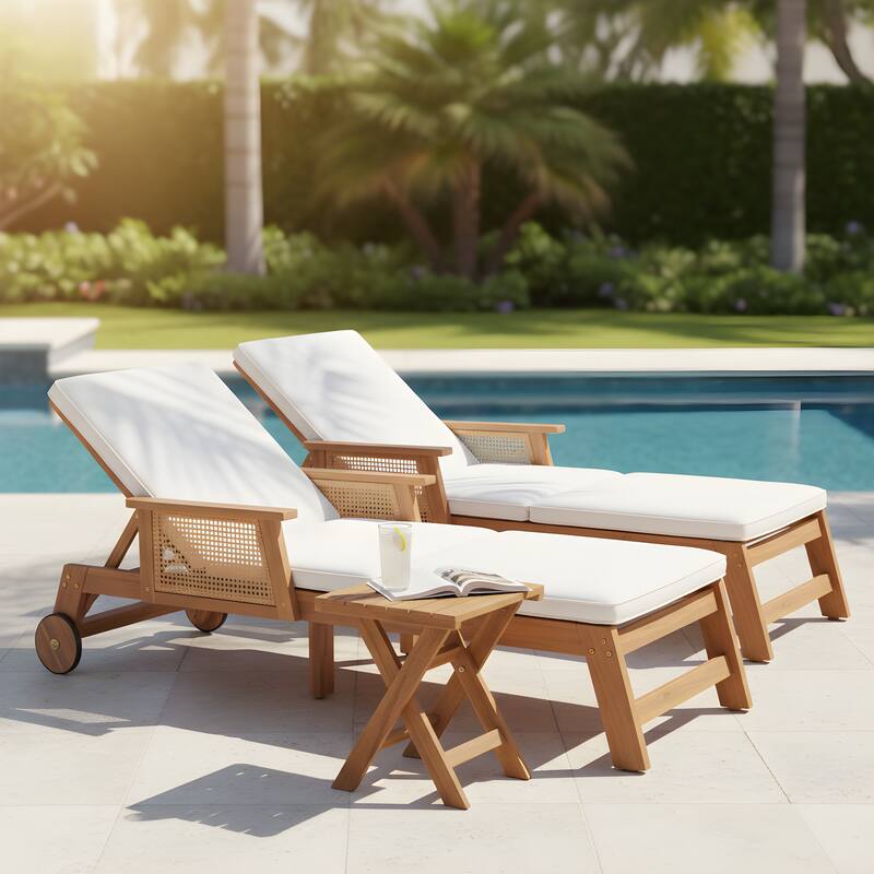 Christopher Knight Home - Nexo Outdoor Acacia Wood Adjustable Chaise Lounge Set with 18.00'' Square Cross Base Side Table - 3-Piece Set-Brown+Beige