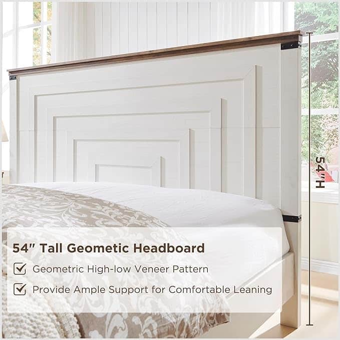 Farmhouse Queen Size Bed Frame w/ 54" Tall Headboard & 2 Large Drawers