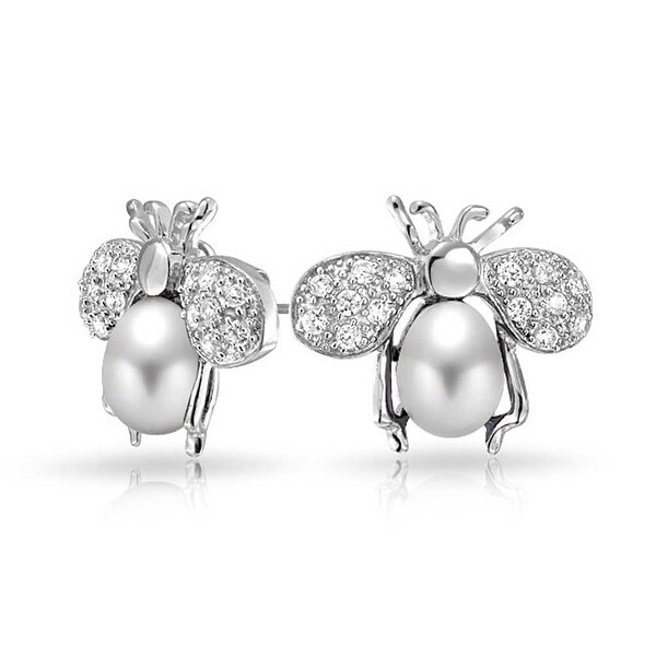 Cultured Freshwater Pearl Stud Earrings set in Rhodium Plated Sterling Silver Bridal Wedding Jewellery