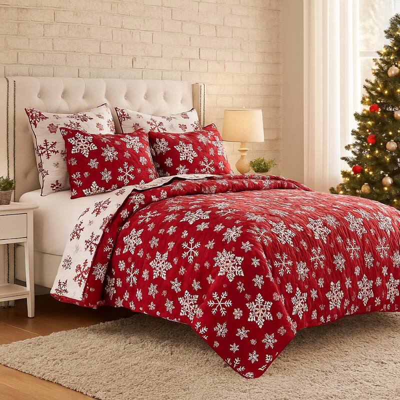Flok 3 Piece Queen Quilt Set, Red and White Polyester, Snowflake Theme