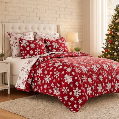 Flok 3 Piece Queen Quilt Set, Red and White Polyester, Snowflake Theme