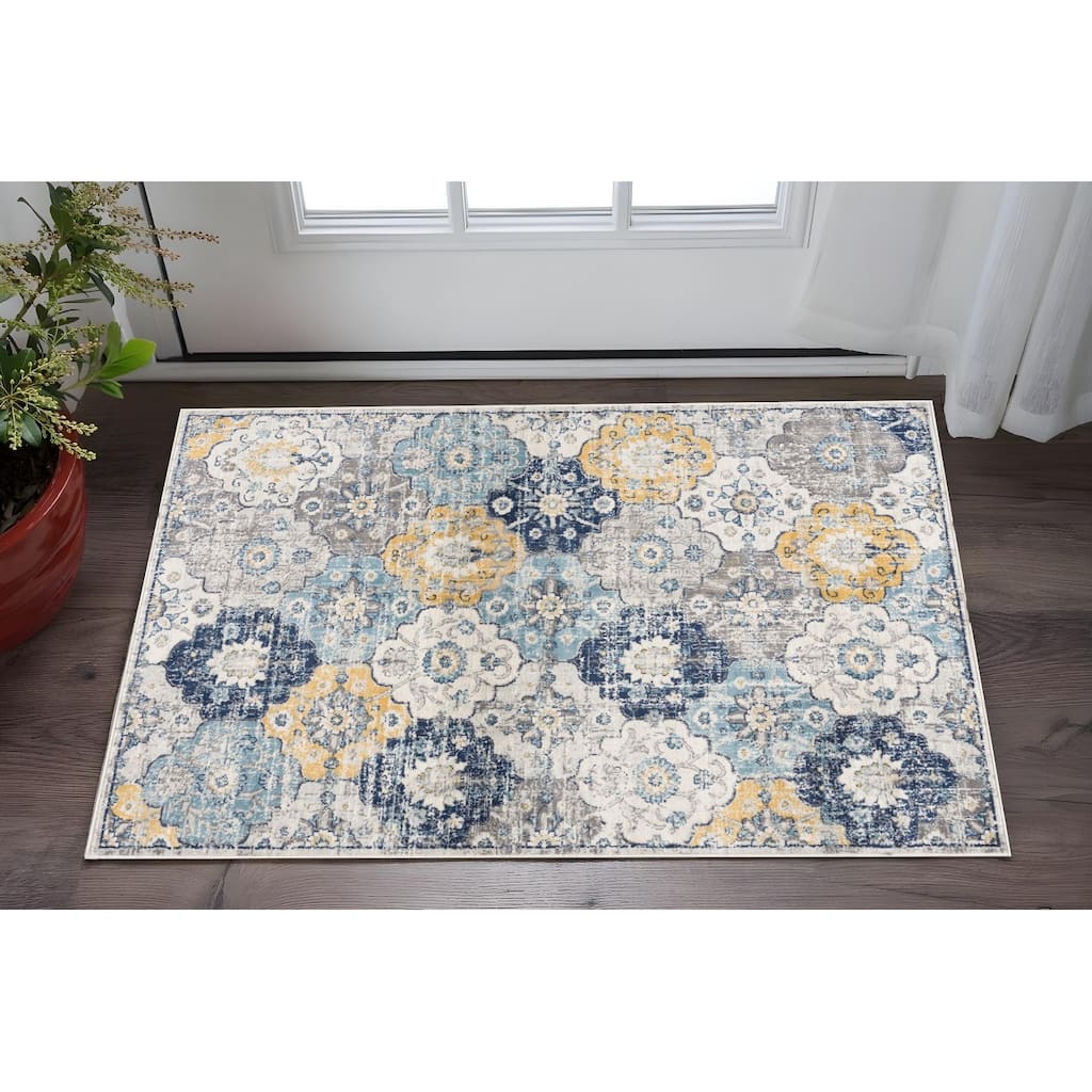 HomeRoots Floral Medallion Mid-Century Rectangle Area Rug - 36 in. x 27 in. x 0.4 in.