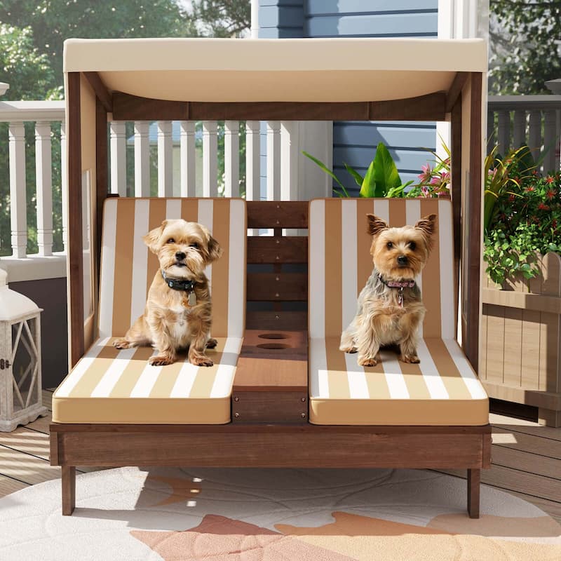 Costway Kids Double Chaise Lounge Patio Lounge Chair with Cup Holders