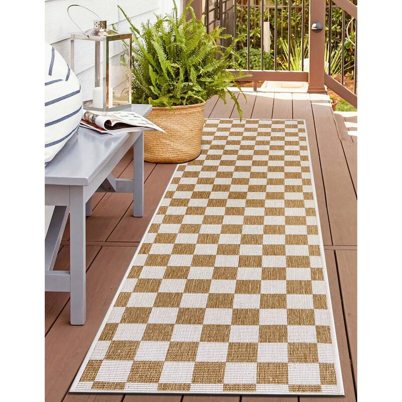 World Rug Gallery Contemporary Checkered Weather Resistant Reversible Indoor/Outdoor Area Rug