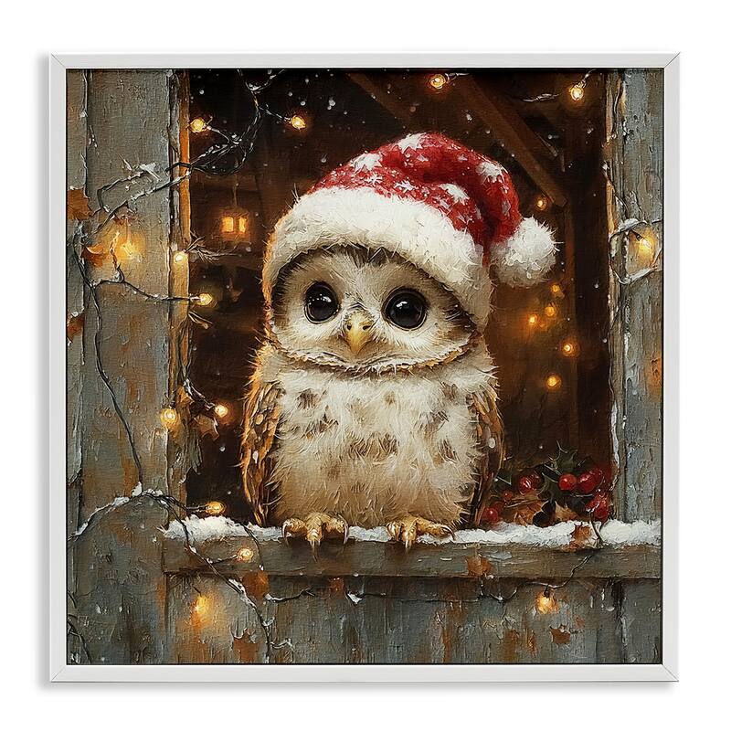Stupell Festive Owl with Holiday Lights Framed Giclee Art Design By Riley B - 12 x 12 - White