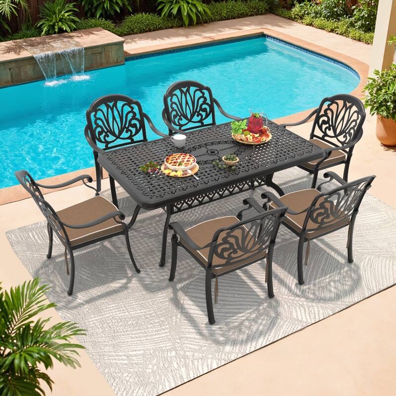 7-Piece Cast Aluminum Outdoor Dining Set with Brown Seat Cushions