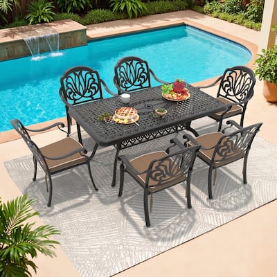 7-Piece Cast Aluminum Outdoor Dining Set with Brown Seat Cushions
