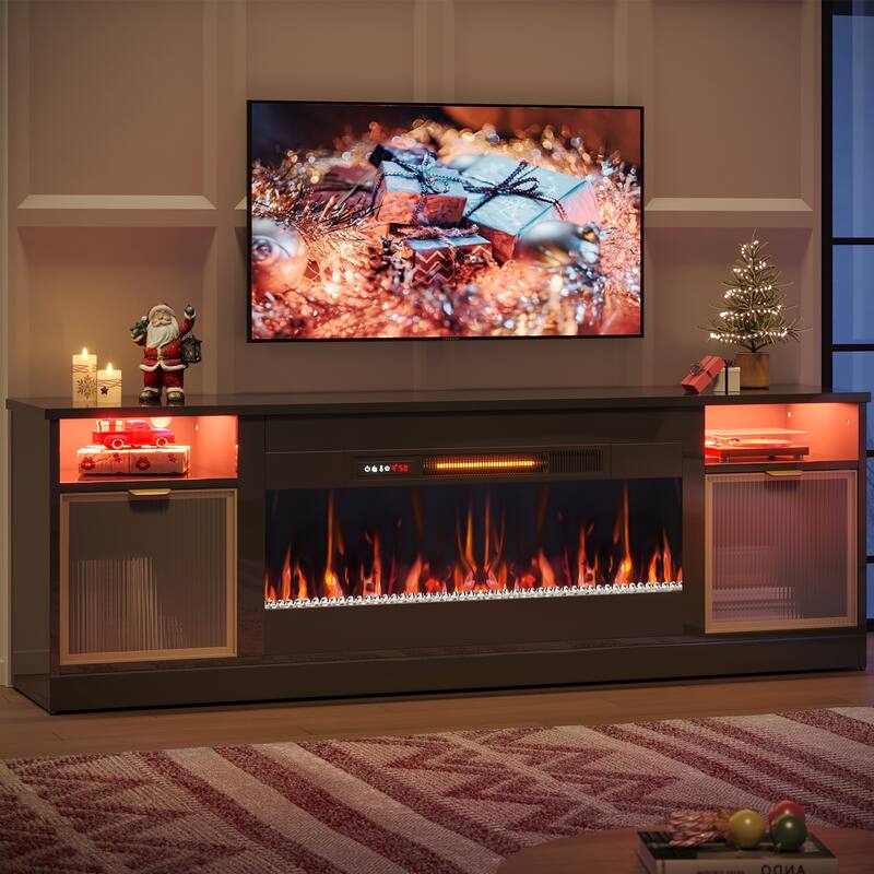 Bestier 71 in. Freestanding Fireplace TV Stand for TVs Up to 80 in. with Ample Storage in Glossy - 22.83hx71wx15.75d