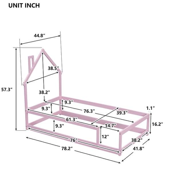dimension image slide 4 of 5, Twin Size Wood bed with House-Shaped Headboard Floor bed and Fences