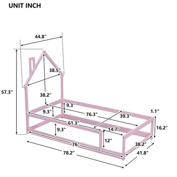 dimension image slide 1 of 3, Twin Size Wood bed with House-shaped Headboard Floor bed with Fences