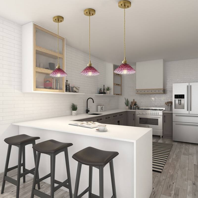 Vintage Glass Pendant Light Purple Red Shade Metal Hanging Lamp Ceiling Fixture - N/A