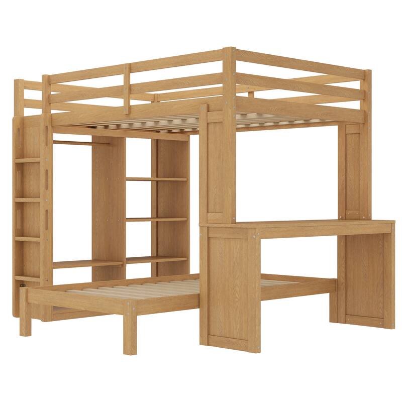 Queen Size Loft Bed & Twin Size Platform Bed Set, Wood Bunk Bed with Built-in Desk, Open Shelves and Wardrobe, Queen Over Twin
