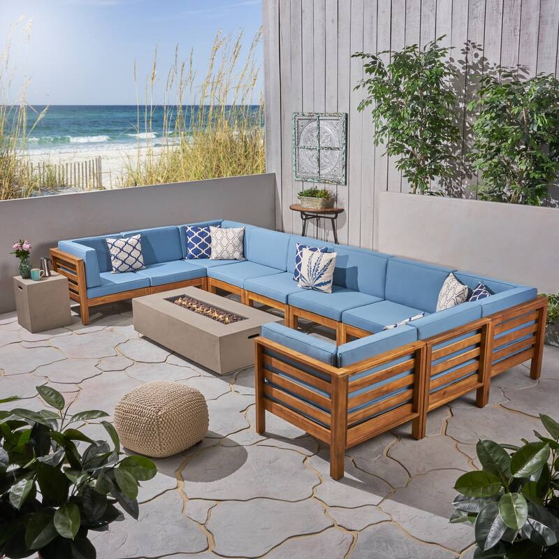 Oana Outdoor 12-Piece U-Shaped Acacia Wood Sectional Sofa Set with Fire Pit by Christopher Knight Home - teak + light gray + blue cushion