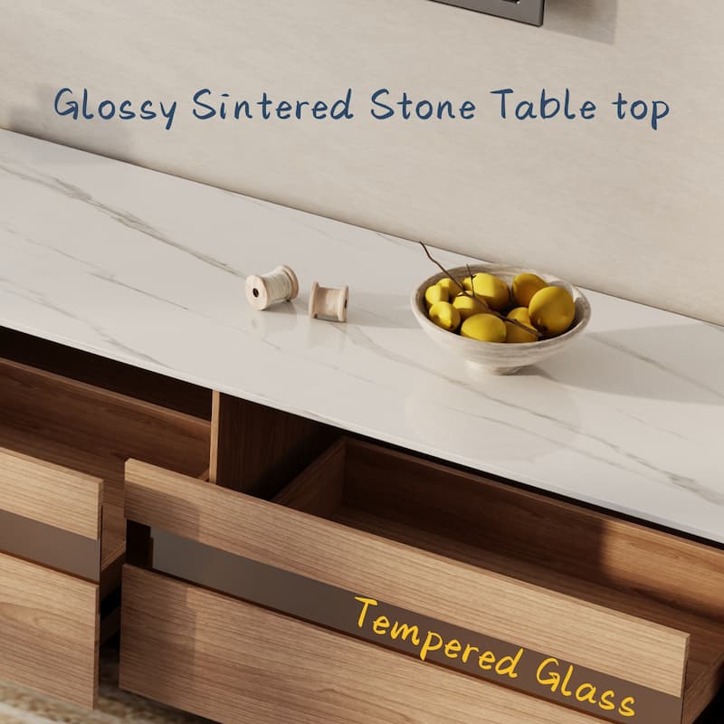 Modern Light Wood TV Stands, Glossy Stone Table-top, 3-6Drawers, Fully Assembled
