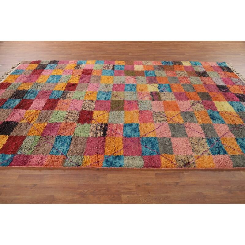 Checkered Plush Moroccan Oriental Area Rug Handmade Wool Carpet - 6'6" x 10'9"