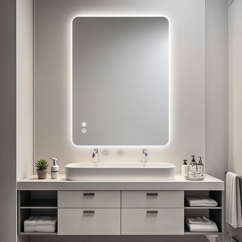GDFStudio - Meridian Modern Rectangular Backlit Bathroom Wall Mirror, Adjustable LED Lighted, Memory & Aniti-Fog Function - Clear - 24" x 36"