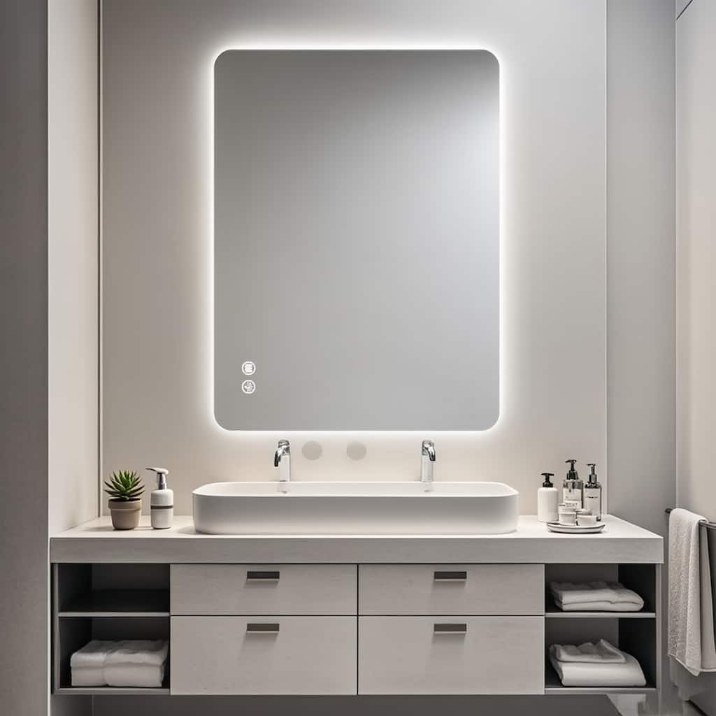 GDFStudio - Meridian Modern Rectangular Backlit Bathroom Wall Mirror, Adjustable LED Lighted, Memory & Aniti-Fog Function