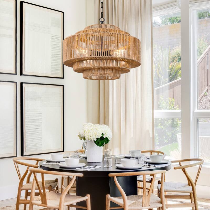 4/6-Light Boho 5-Tier Hand Woven Rattan Drum Chandelier
