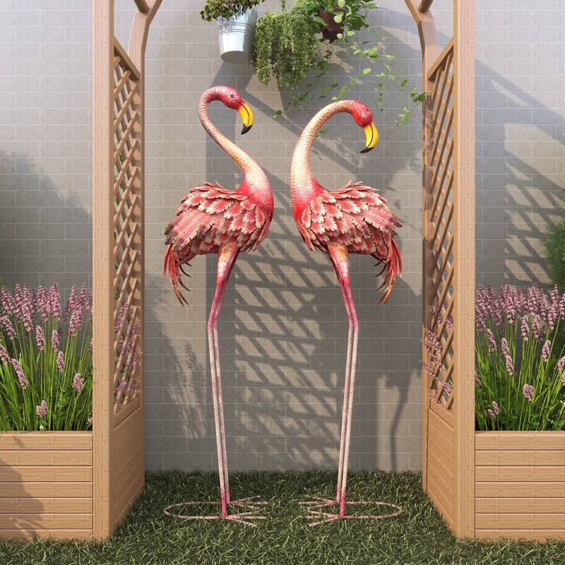 Metal Flamingo Indoor Outdoor Standing Decorative Garden Sculpture with Yellow Accents - Set of 2 Pink - Roche River Decor