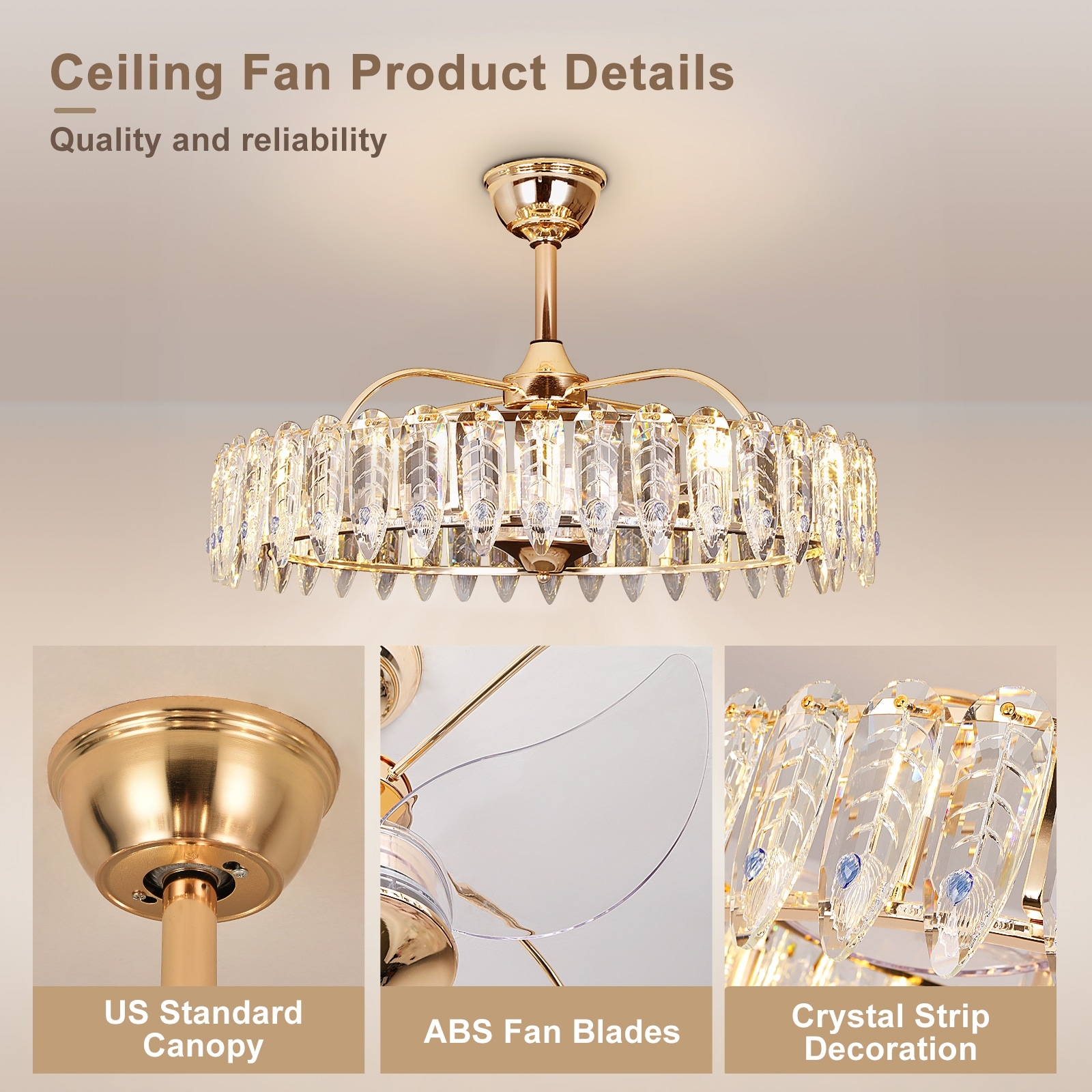Gold Crystal Chandelier Ceiling Fan with Reversible Motor