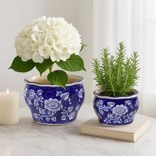 Decorative Floral Ceramic Chinoiserie Round Planter - Set of 2