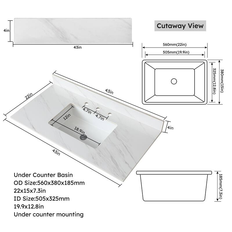 43" Bianco Venato Carrara White Vanity Top with Ceramic Sink, 4" Backsplash, Pre-Drilled Faucet Hole, Sintered Stone Material