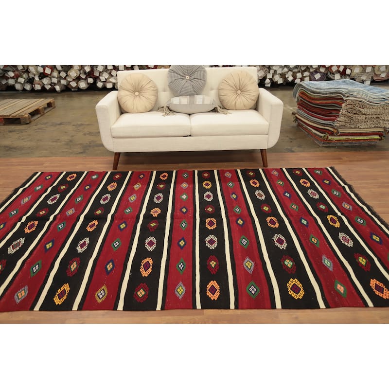 Hand Woven Oriental 100% Wool Carpet Southwestern Tribal Red Kilim Area Rug - 9' 2'' X 5' 9''