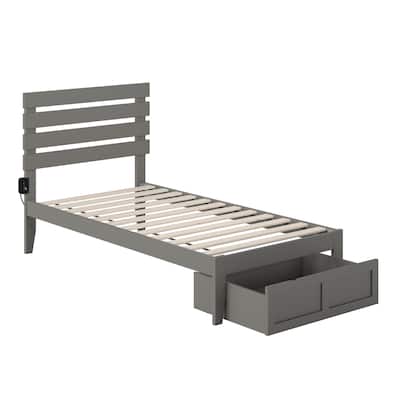 Twin Bed with Drawer & USB Charger - Solid Wood Frame, Slat Kit Included - Grey Finish