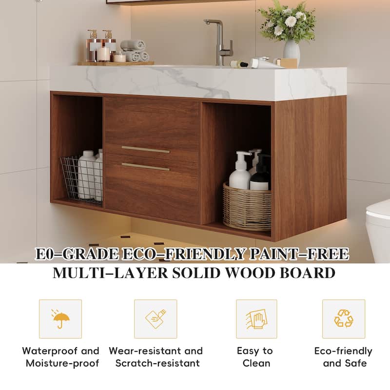 GDFStudio - Modern 39.4" Wall Mounted Floating Sintered Stone Bathroom Vanity with Seamless Ceramic Sink & Soft-Close Drawers
