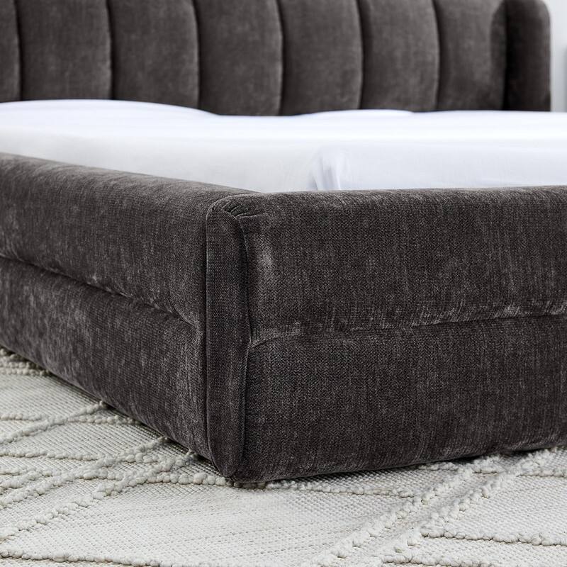 Queen-Sized Chenille Upholstered Bed with Headboard and Solid Frame.