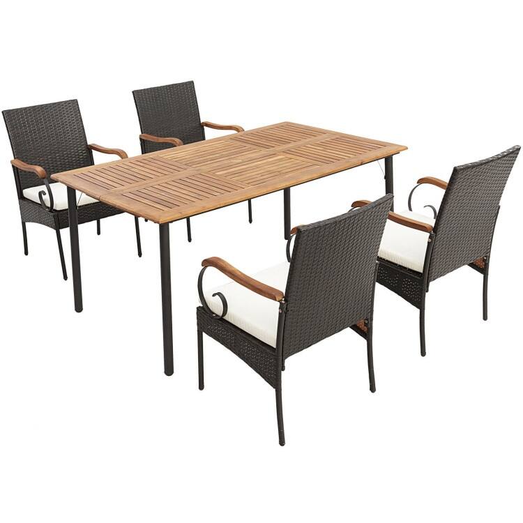 Patio Wicker Dining Set with Detachable Cushion and Umbrella Hole - 63" x 36" x 30" (L x W x H)