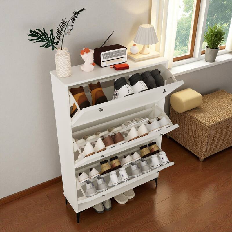 31.5" Modern White Shoe Cabinet with 3 Flip Drawers, Slim Entryway Shoe Storage Organizer with Adjustable Shelves