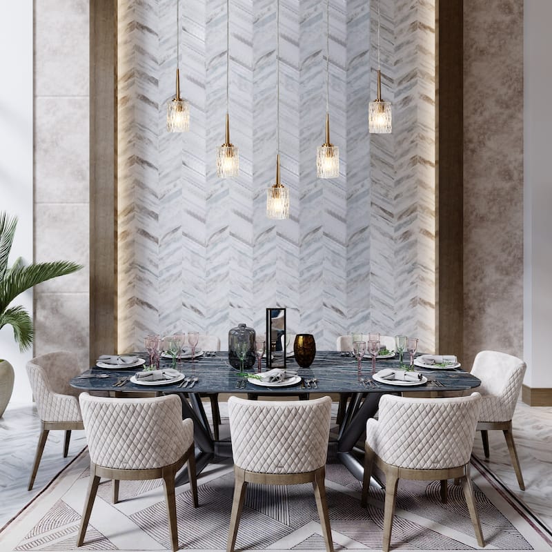 Laxow Modern 5-Light Gold Linear Chandelier Textured Glass Kitchen Island Lights - W 42.5" x H 12.2"