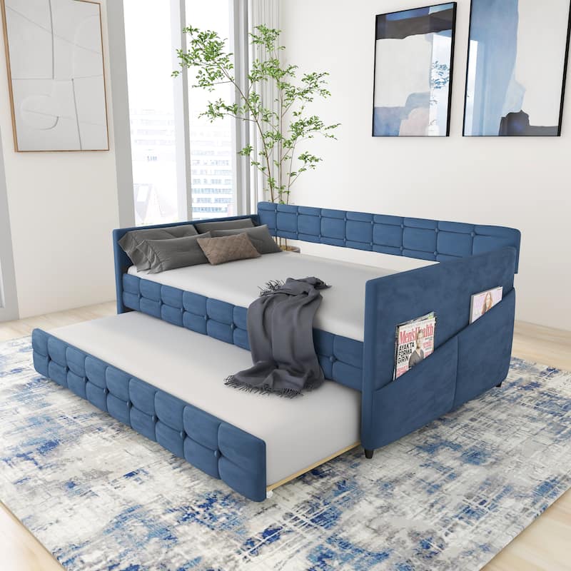 Daybed with Trundle, Velvet Upholstered Twin Size Day Bed Pull-Point Sofa Daybed Frame w/Twin Trundle, No Box Spring Needed,Blue