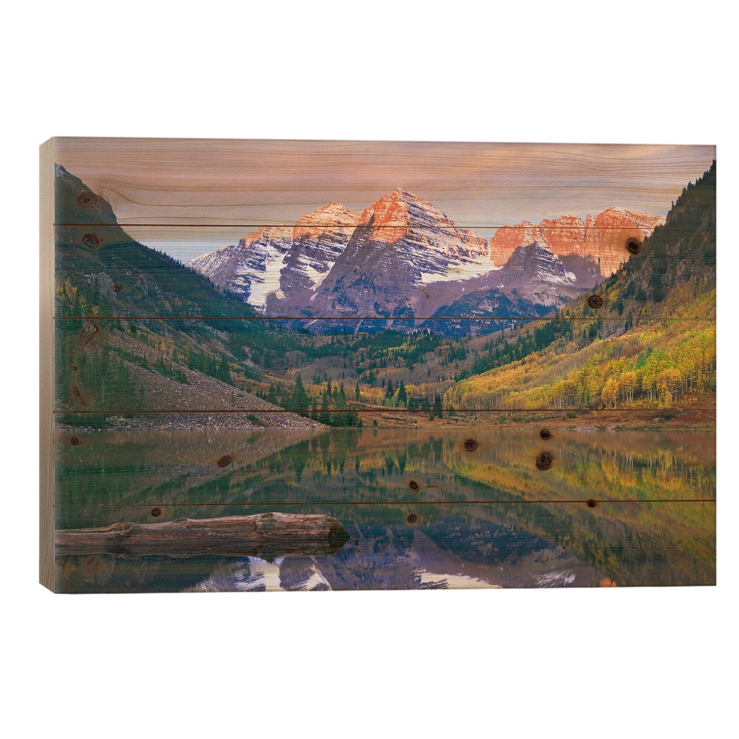 Maroon Bells Peaks Reflected In Maroon Lake, Snowmass Wilderness, Colorado Print On Wood by Tim Fitzharris - Multi-Color